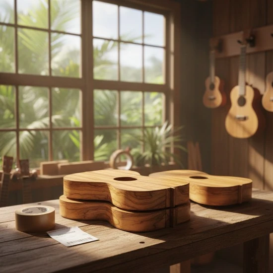 A stack of handcrafted wooden ukulele building kits on a rustic workbench in a sunlit Hawaii workshop. In the background, finished ukuleles hang on a wood-paneled wall next to a large window overlooking lush tropical greenery. A shipping label and packing tape sit in the foreground, ready for bulk shipping.