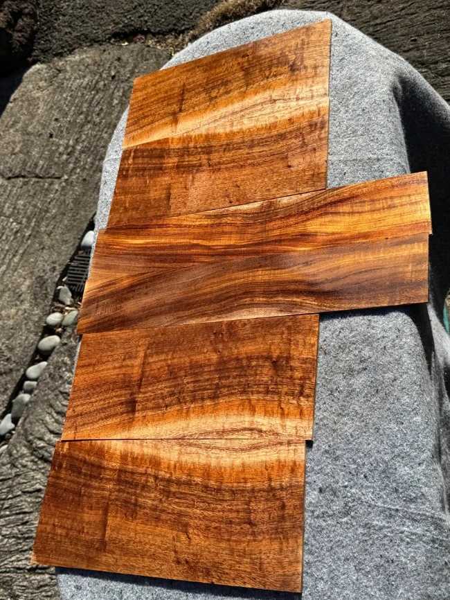 Four thin wood veneer panels in rich reddish-brown tones with dramatic, flowing grain patterns arranged on a gray fabric surface outdoors in bright sunlight.